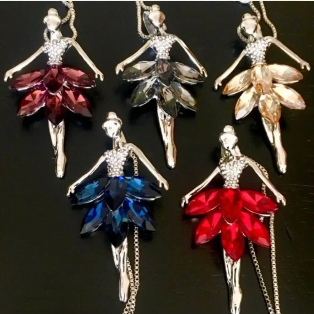 Crystal Ballerina Dancer Long Pendant Necklace Tutu Ballet